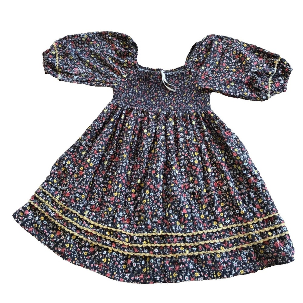 Women's Dress‎ Med Black Smocked Floral Print Cottagecore Grandmacore Whimsigoth